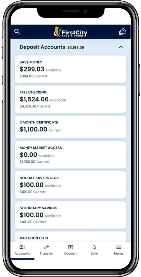 Screenshot of app showing balances on multiple accounts
