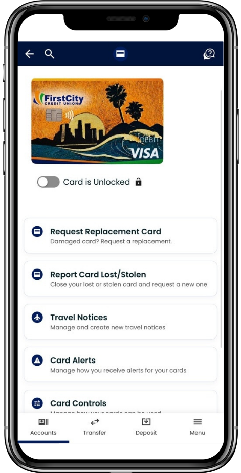 Card Control Screen that shows card is unlocked with options to request replacement card, report card lost/stolen, travel notices and card alerts